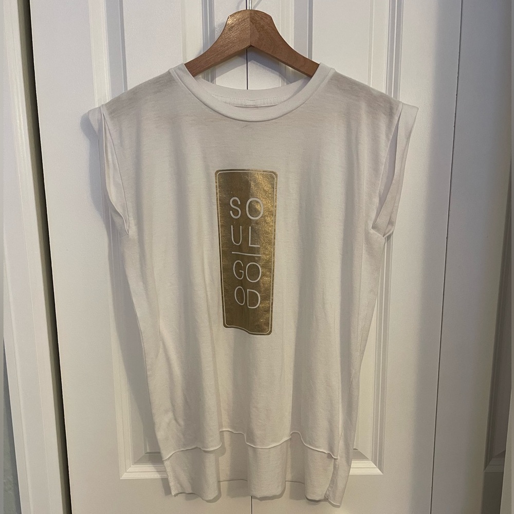 White Sleeveless Top with Gold Graphic